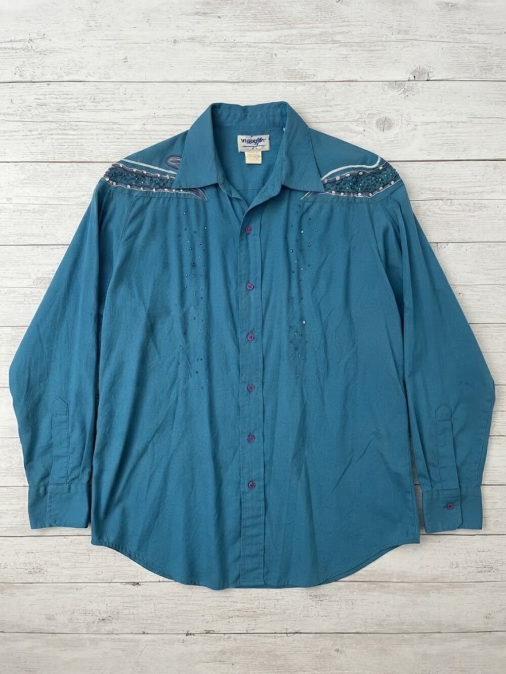 Vintage Y2K Wrangler Western Rhinestone Beaded Cowgirl Shirt Blouse Blue Rodeo